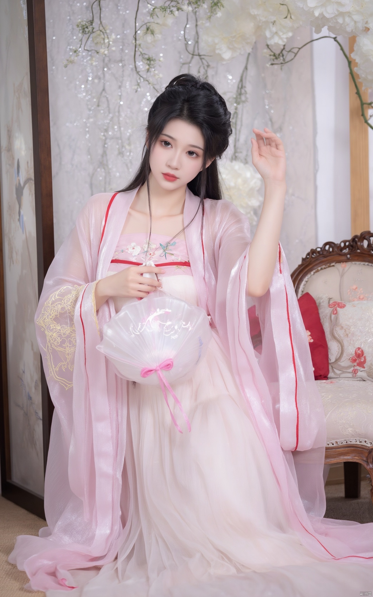 Masterpiece, best quality, high quality,1girl,(huge breasts:1.79)Xlinyuling,Xguxuner,Xmoli,gardens,Xhongying,,(pink lotus flowers:1.29),XThanfu