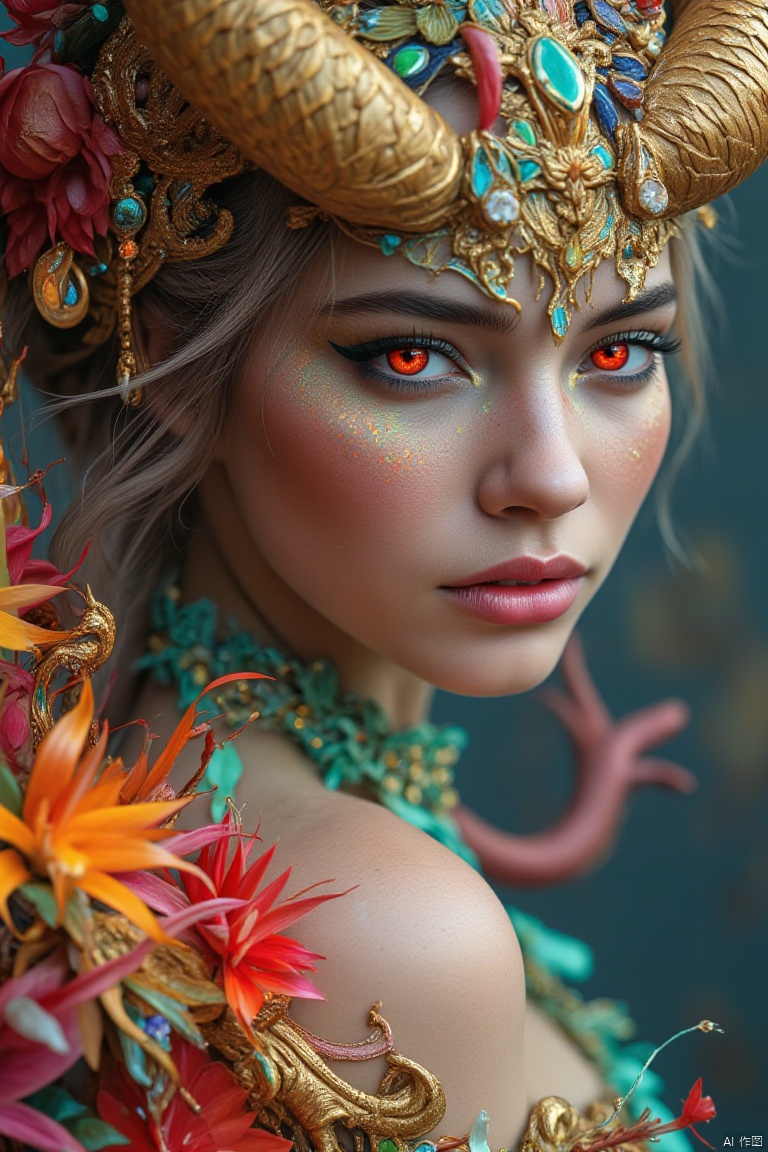 highly detailed translucent porcelain girl, scales on skin, colorful paint makeup, looking at viewer, exploding splash vines, with glowing red eyes, shiny, intricate design details, with vibrant colors, colorful nano tech nodes, bold colors, ornate scales, iridescent flora, contrasting shadows, natural lighting, flowing, gold ornate large horns,Close up view.