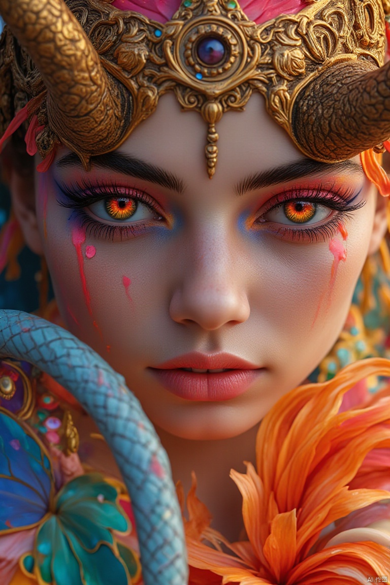 highly detailed translucent porcelain girl, scales on skin, colorful paint makeup, looking at viewer, exploding splash vines, with glowing red eyes, shiny, intricate design details, with vibrant colors, colorful nano tech nodes, bold colors, ornate scales, iridescent flora, contrasting shadows, natural lighting, flowing, gold ornate large horns,Close up view.