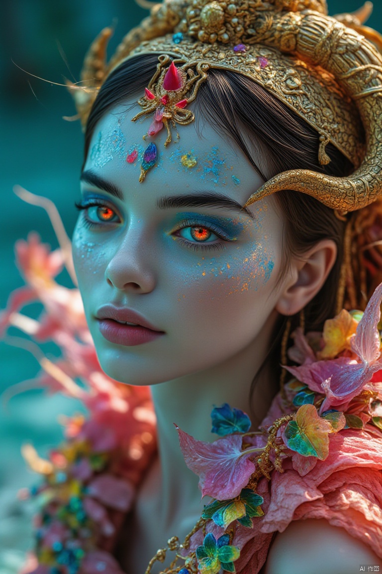 highly detailed translucent porcelain girl, scales on skin, colorful paint makeup, looking at viewer, exploding splash vines, with glowing red eyes, shiny, intricate design details, with vibrant colors, colorful nano tech nodes, bold colors, ornate scales, iridescent flora, contrasting shadows, natural lighting, flowing, gold ornate large horns,Close up view.
