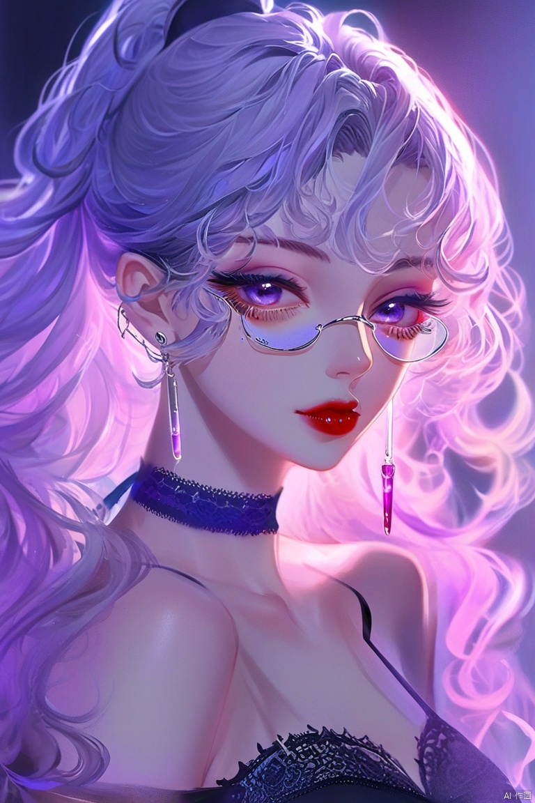 灵异色,插画风,动漫风,迷人妩媚又带有危险气息的成熟女性,有着波浪一样的长发,紫色的眼睛和玫红的眼镜,紫色眼影,眼下痣,红唇,长睫毛,银色的耳环上挂着细小的管状玻璃柱里面填充着紫色液体,颈部蕾丝绷带,锁骨,近距离特写与画面亲密互动的构图,光滑的皮肤,霓虹灯光,写实和幻想结合的2.5D数字艺术