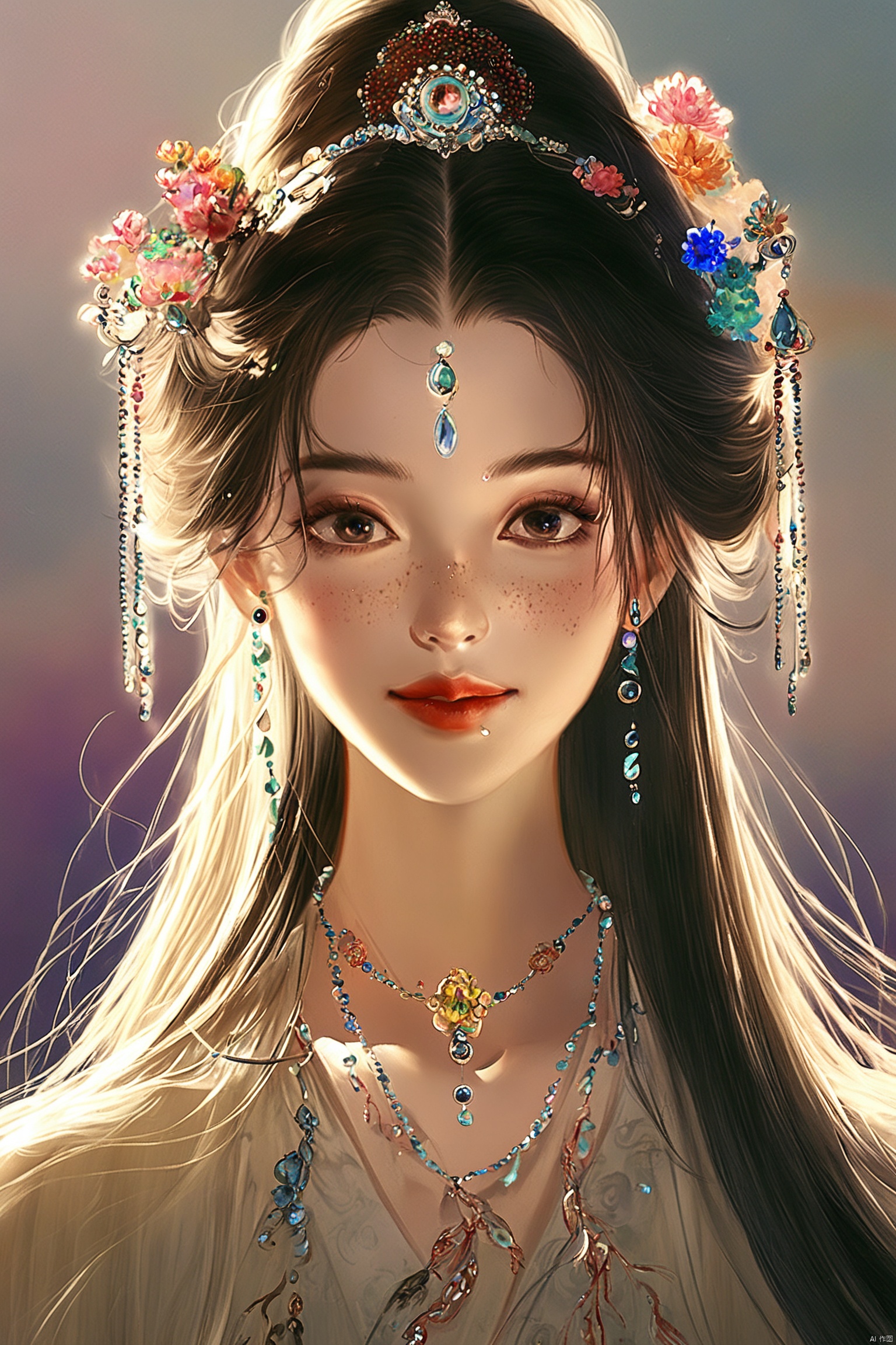 灵异色,女孩,漂亮的肖像,长发,珠宝和玛瑙组成的发饰垂在头发两边,中间点缀着各种颜色的小花,深邃的眼睛,额头珠宝,发管垂在两侧,绝对长发,hair tubes,少量雀斑,阳光在脸上,富有感染力的笑容,华丽的服饰带有传统花纹,精致的数字艺术插画,分形艺术,动态构图,