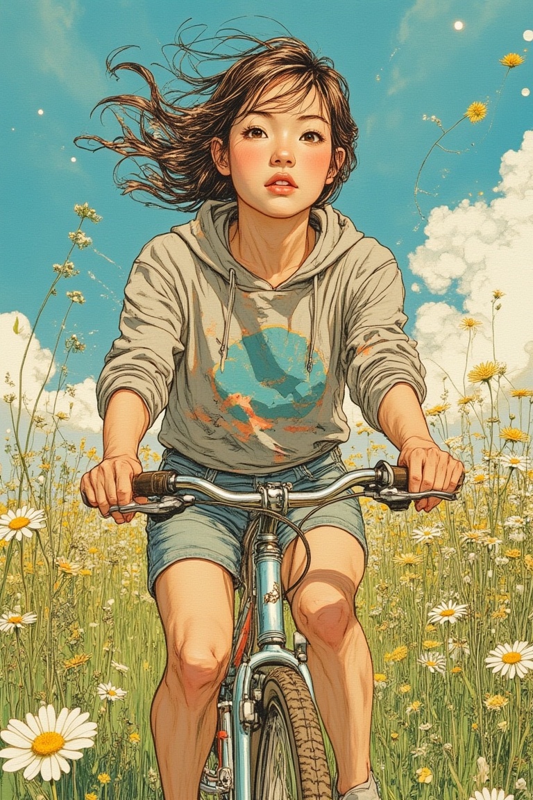 A vibrant scene in Yuko Shimizu's art style,  featuring a girl wearing a hoodie and riding a bicycle through a field of fl...