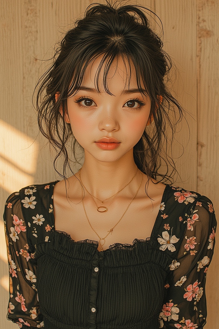 A half medium shot in Yuko Shimizu's art style,  featuring a kawaii-pose girl wearing a black blouse. The framing captures...