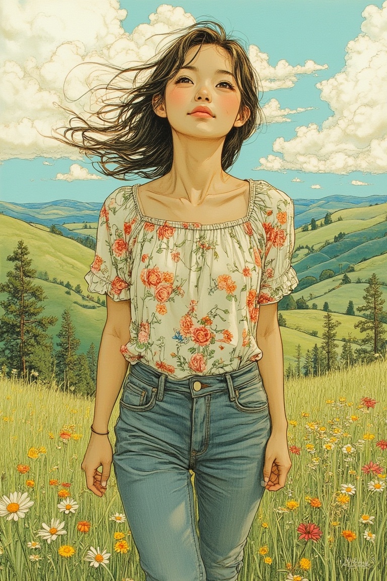 A cute girl in Yuko Shimizu's art style,  standing on a hill with a windy breeze,  wearing a flowers-patterned blouse and...
