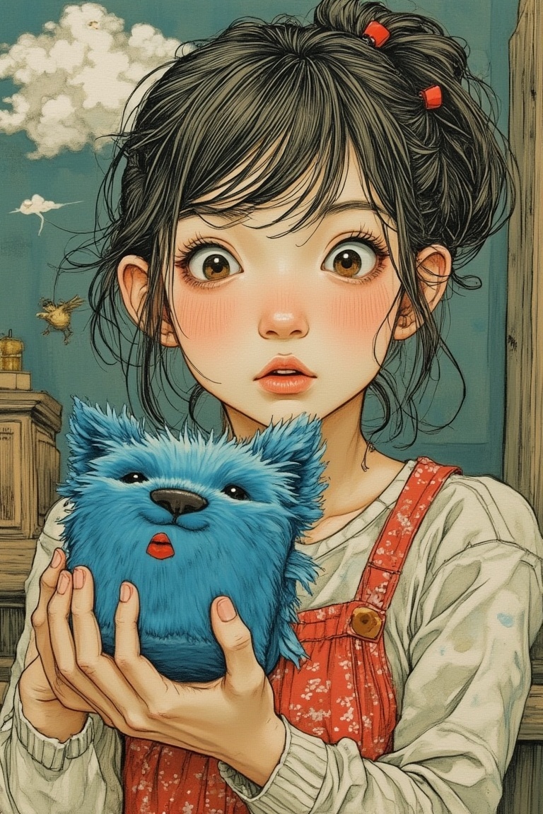 A whimsical scene in Yuko Shimizu's art style,  featuring a girl holding a blue cube with fur,  eyes on Tensor.Art