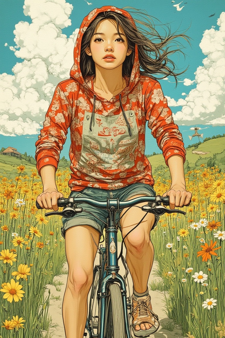 A vibrant scene in Yuko Shimizu's art style,  featuring a girl wearing a hoodie and riding a bicycle through a field of fl...