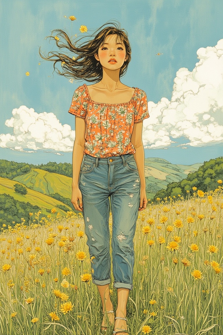 A cute girl in Yuko Shimizu's art style,  standing on a hill with a windy breeze,  wearing a flowers-patterned blouse and...