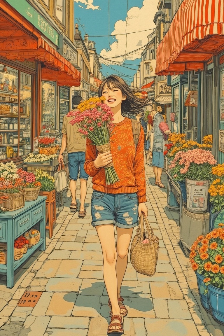 A cheerful scene in Yuko Shimizu's art style,  depicting a girl happily carrying a bouquet of flowers she just bought from...
