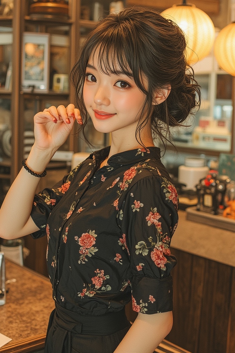 A half medium shot in Yuko Shimizu's art style,  featuring a kawaii-pose girl wearing a black blouse. The framing captures...