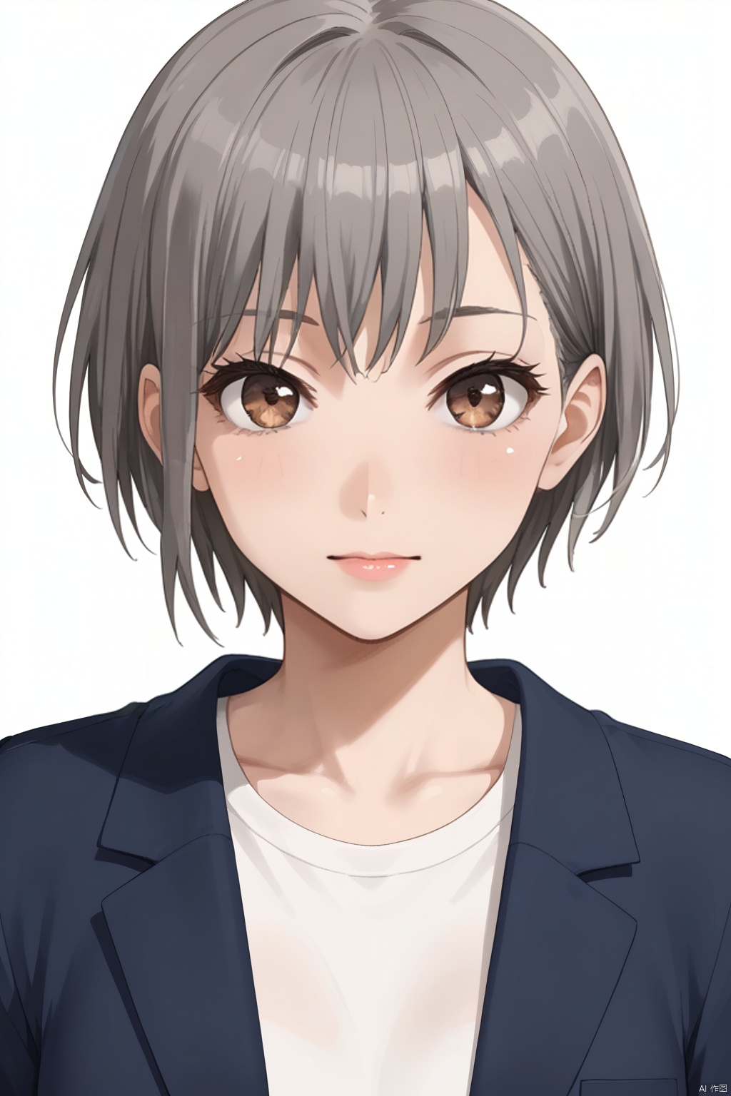 1girl,solo,looking at viewer,simple background,white background,Takamatsu Tomori,short hair, brown eyes,grey hair