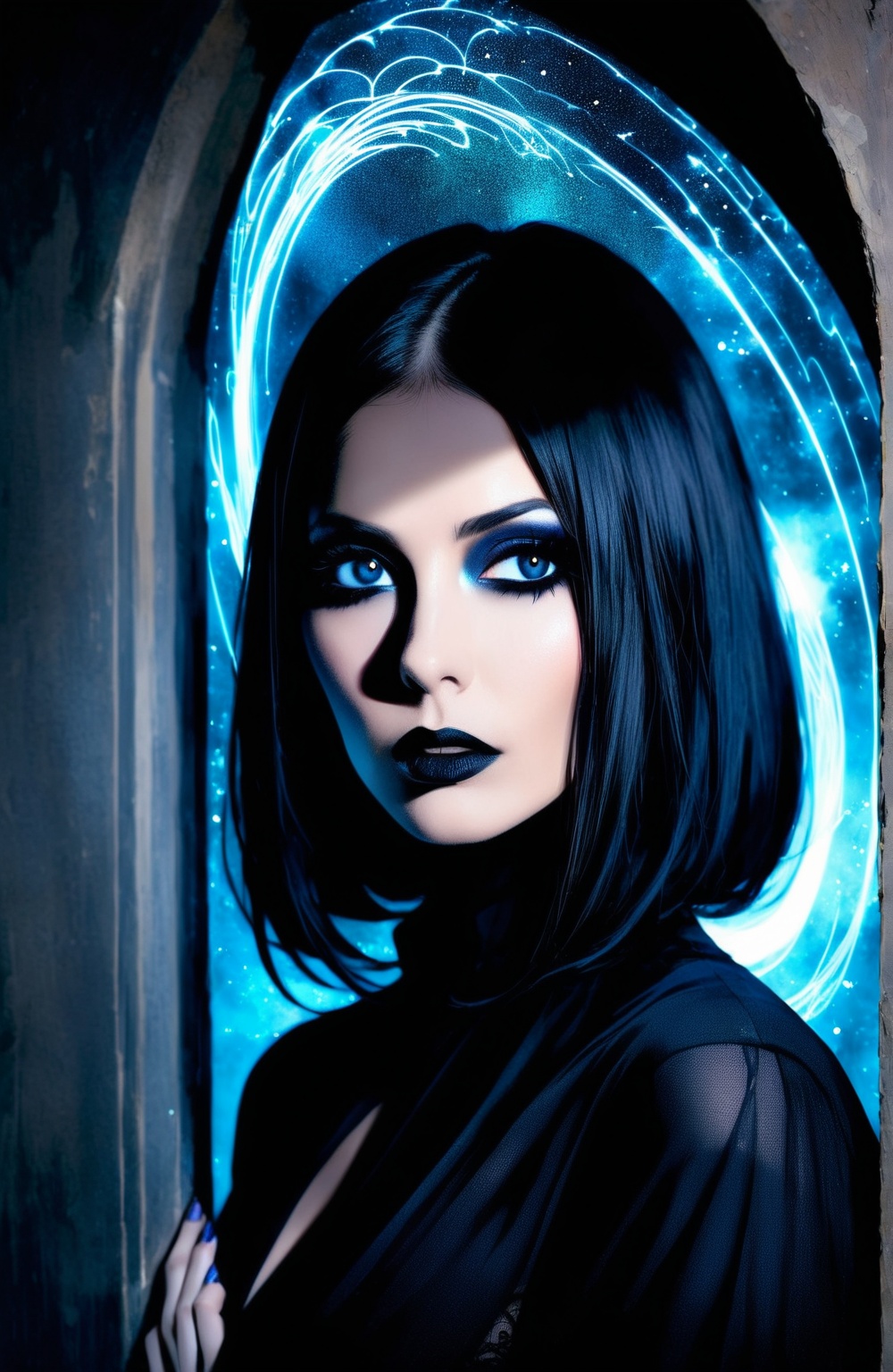 A surreal,  otherworldly portrait of a dark-haired,  enigmatic female figure radiates an unsettling presence. Her piercing...