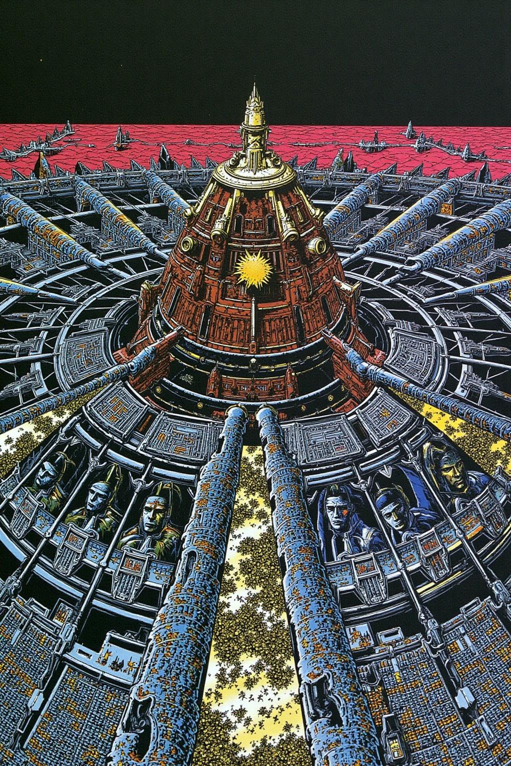 A dystopian future where a vast,  interconnected network of orbital stations circles a dying Earth. The stations are a mix...