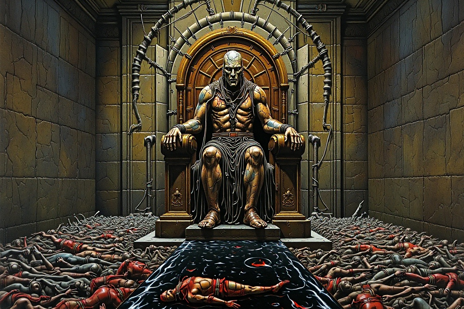 In a vast,  decaying underground chamber,  a monstrous figure sits upon a throne made of rusted metal and shattered stone....