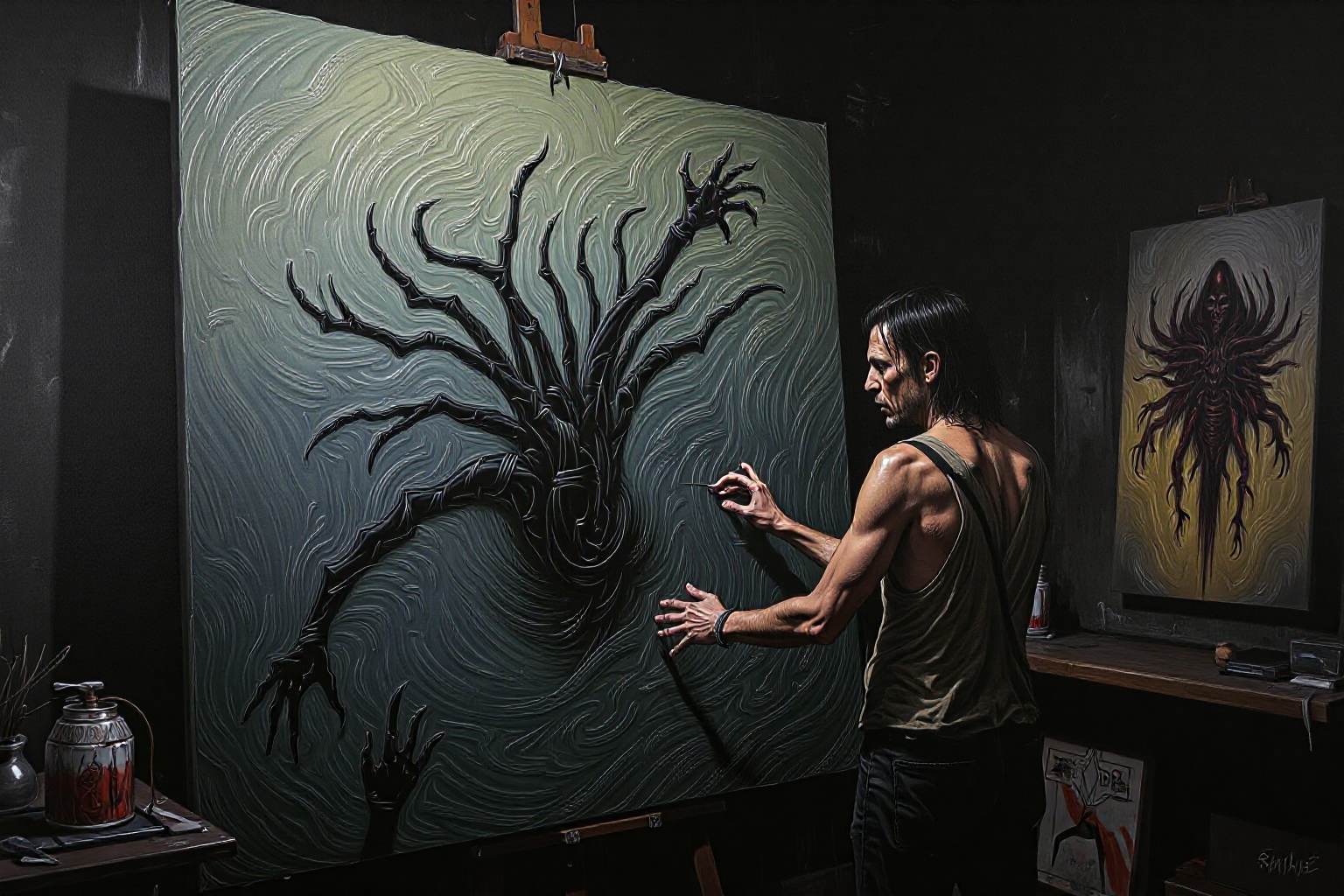 A disheveled artist stands before a monstrous canvas in a dark,  cluttered studio. The canvas itself is alive,  its surfac...