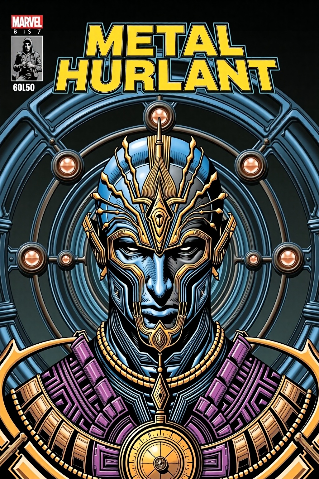 A front page for a comic book titled 'Métal Hurlant,  ' featuring a highly detailed,  futuristic humanoid robot. The robot...