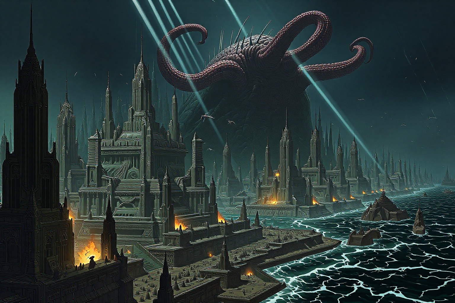 A futuristic city under siege by a massive,  tentacled creature emerging from the depths of the ocean. The city's defenses...
