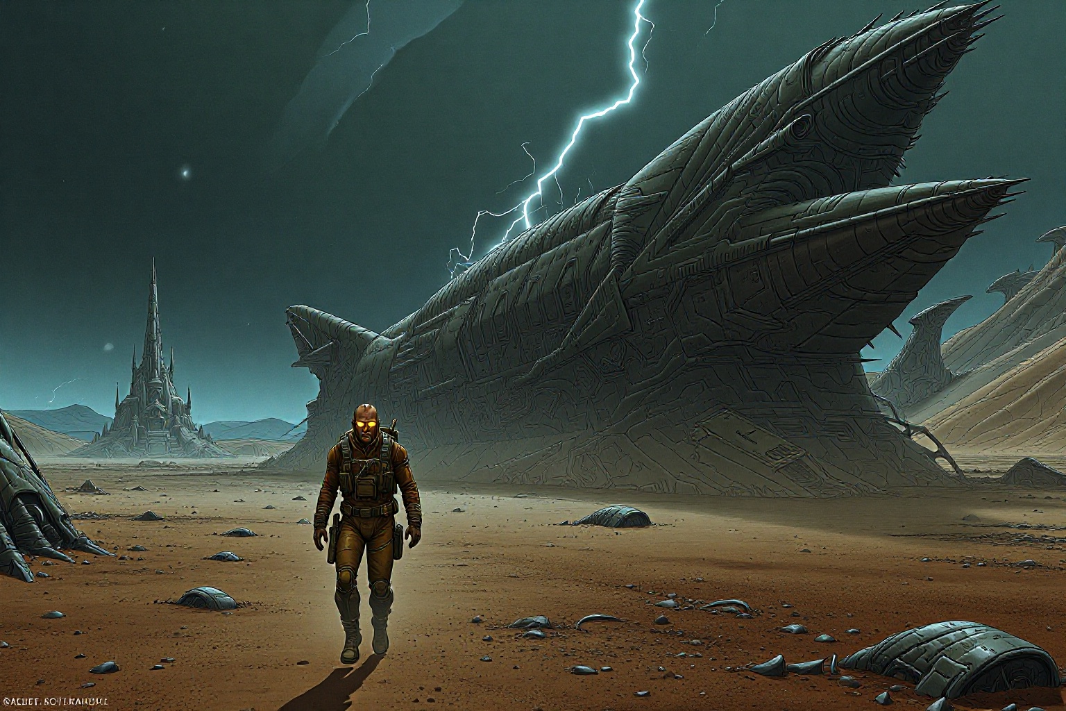 A lone space traveler navigates a barren alien planet,  surrounded by colossal,  decaying spacecraft. The skies are stormy...