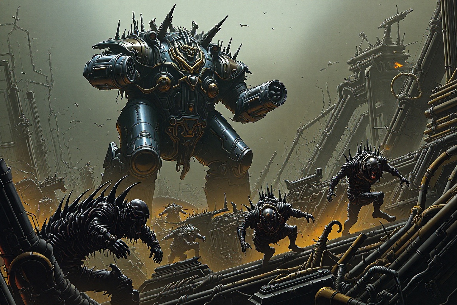 A gigantic mech battles a horde of biomechanical creatures in a ruined,  industrial landscape. The mech,  covered in heavy...