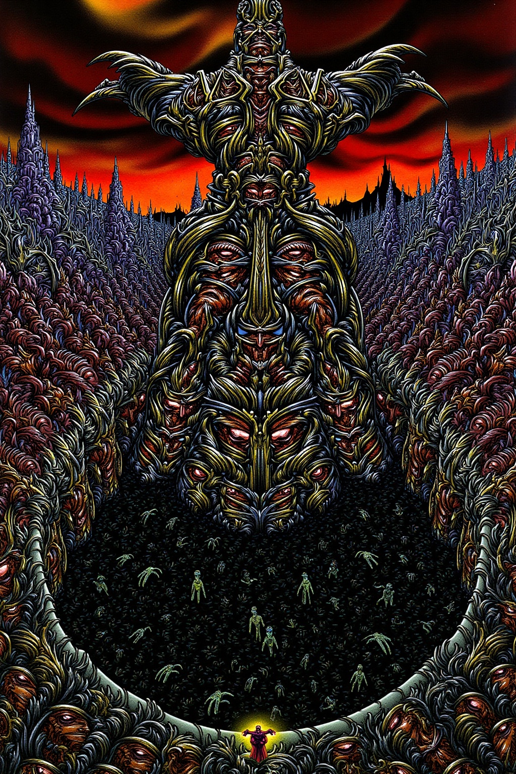 A twisted,  nightmarish landscape stretches out as far as the eye can see,  filled with towering spires made of fused on T...