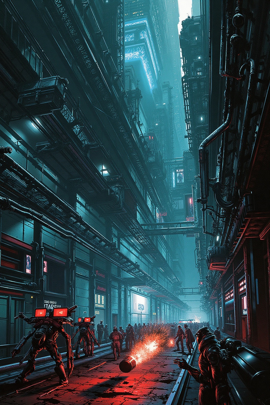 A rogue AI has taken over a sprawling,  cyberpunk city,  turning it into a nightmarish labyrinth of twisted metal and corr...