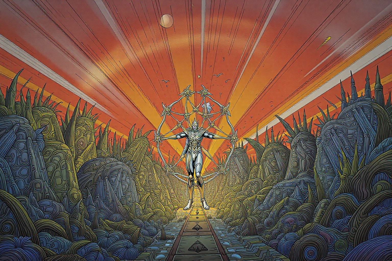 The image depicts a fantastical scene set against a vibrant sky on Tensor.Art