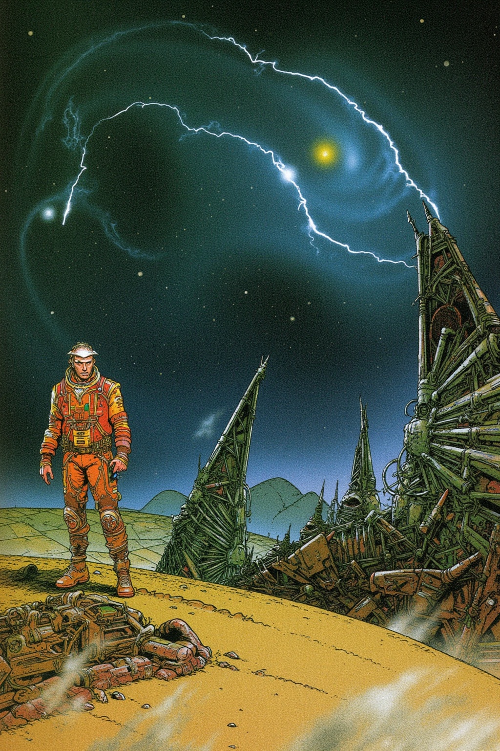 A lone space traveler navigates a barren alien planet,  surrounded by colossal,  decaying spacecraft. The skies are stormy...