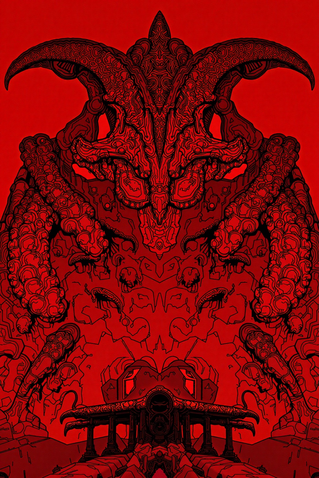 Show a large,  mechanical creature dominating the scene,  with intricate patterns and a deep red color palette. on Tensor.Art