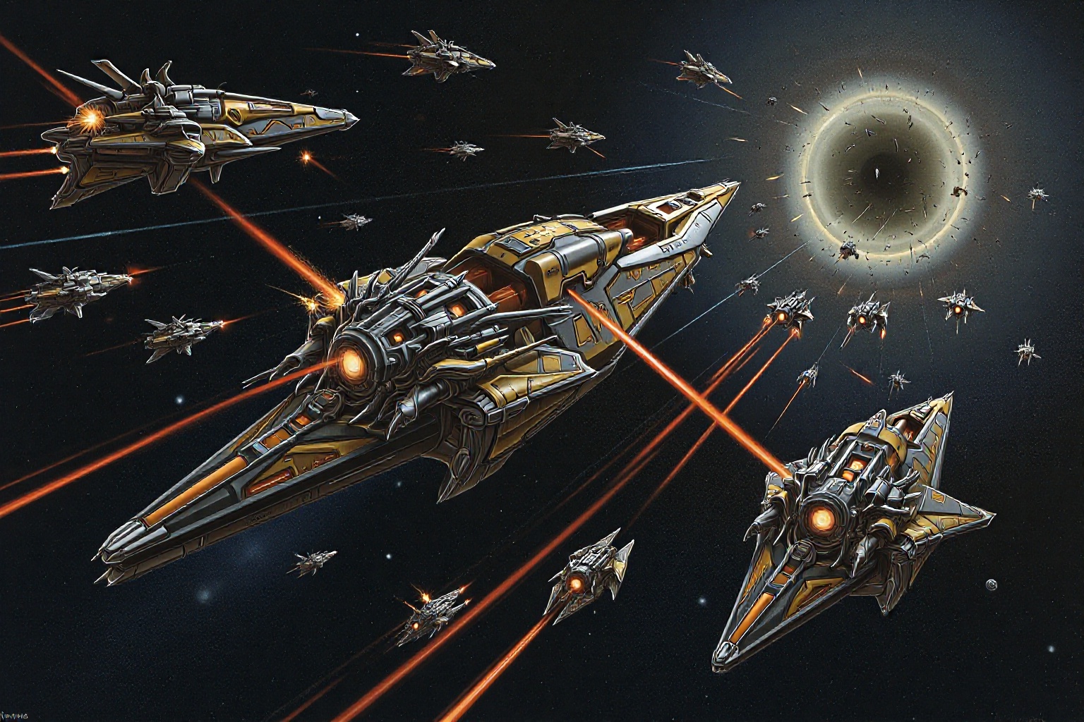 A cosmic war unfolds in the void of space,  with massive starships and alien armadas clashing in an epic battle. The stars...