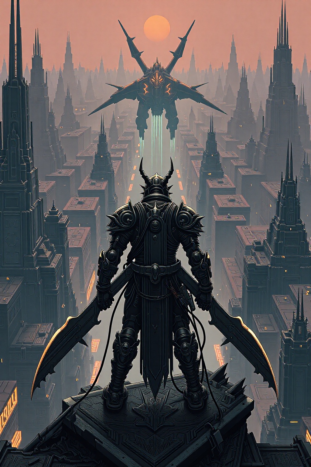 A cybernetic warrior stands atop a ruined city,  overlooking a vast,  dystopian landscape. The city is a labyrinth of towe...