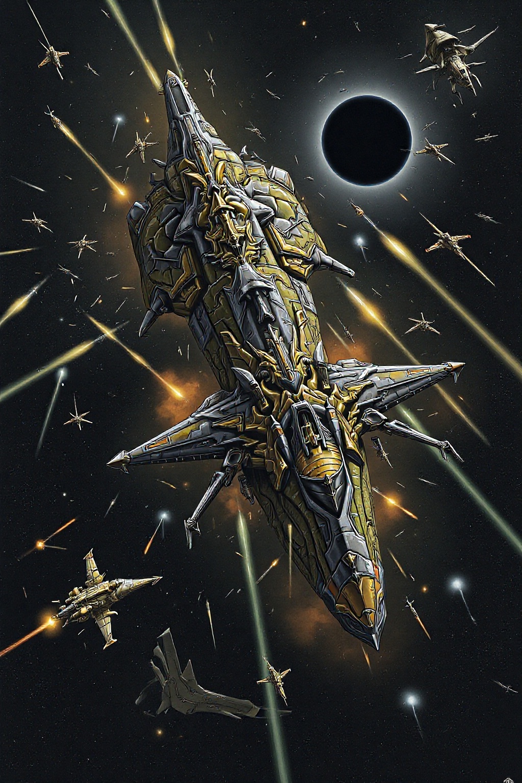 A cosmic war unfolds in the void of space,  with massive starships and alien armadas clashing in an epic battle. The stars...