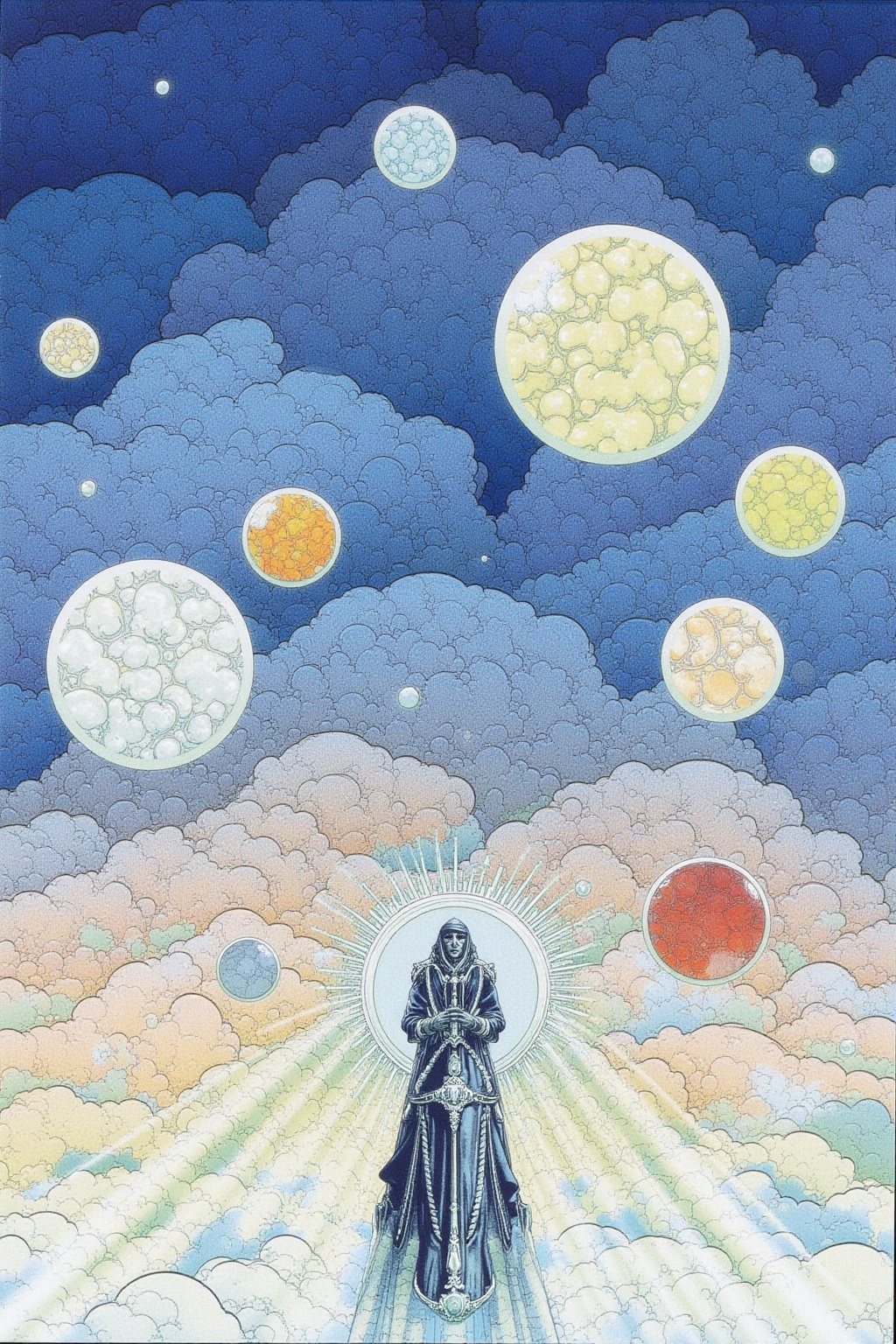 Design a dreamlike scene with floating orbs and clouds in the sky,  featuring a detailed figure surrounded by an ethereal...
