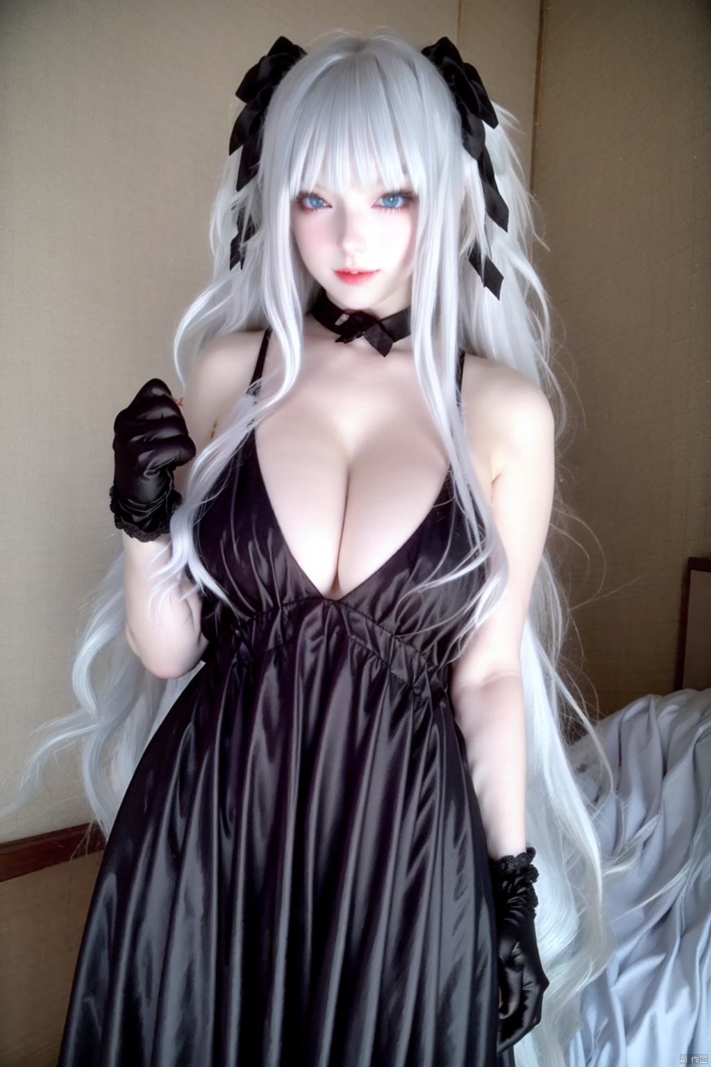 1girl solo long hair breasts looking at viewer bangs blue eyes gloves dress holding cleavage bare shoulders medium breasts...