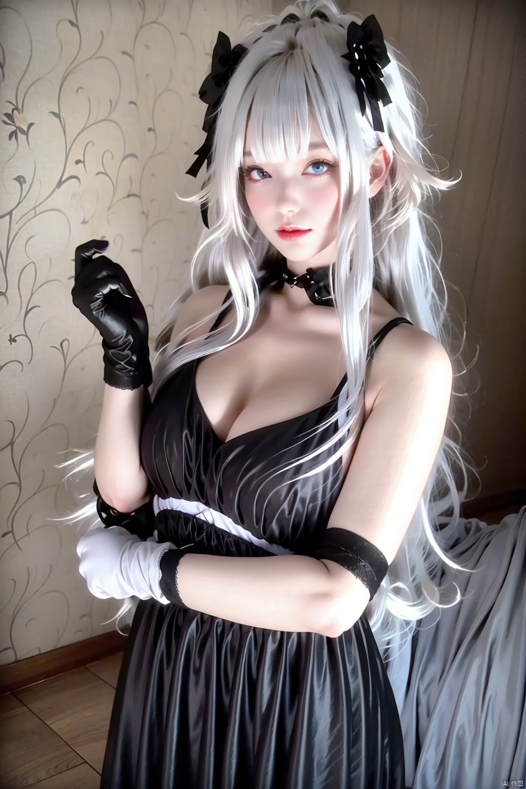 1girl
solo
long hair
breasts
looking at viewer
bangs
blue eyes
gloves
dress
holding
cleavage
bare shoulders
medium breasts
closed mouth
standing
flower
white hair
sidelocks
choker
black gloves
indoors
black dress
lips
heterochromia
black choker


