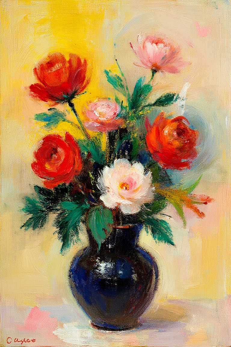 Symbolism,  in the style of Odilon Redon. "A dreamlike painting of a vase filled with vibrant,  ethereal flowers on Tensor...