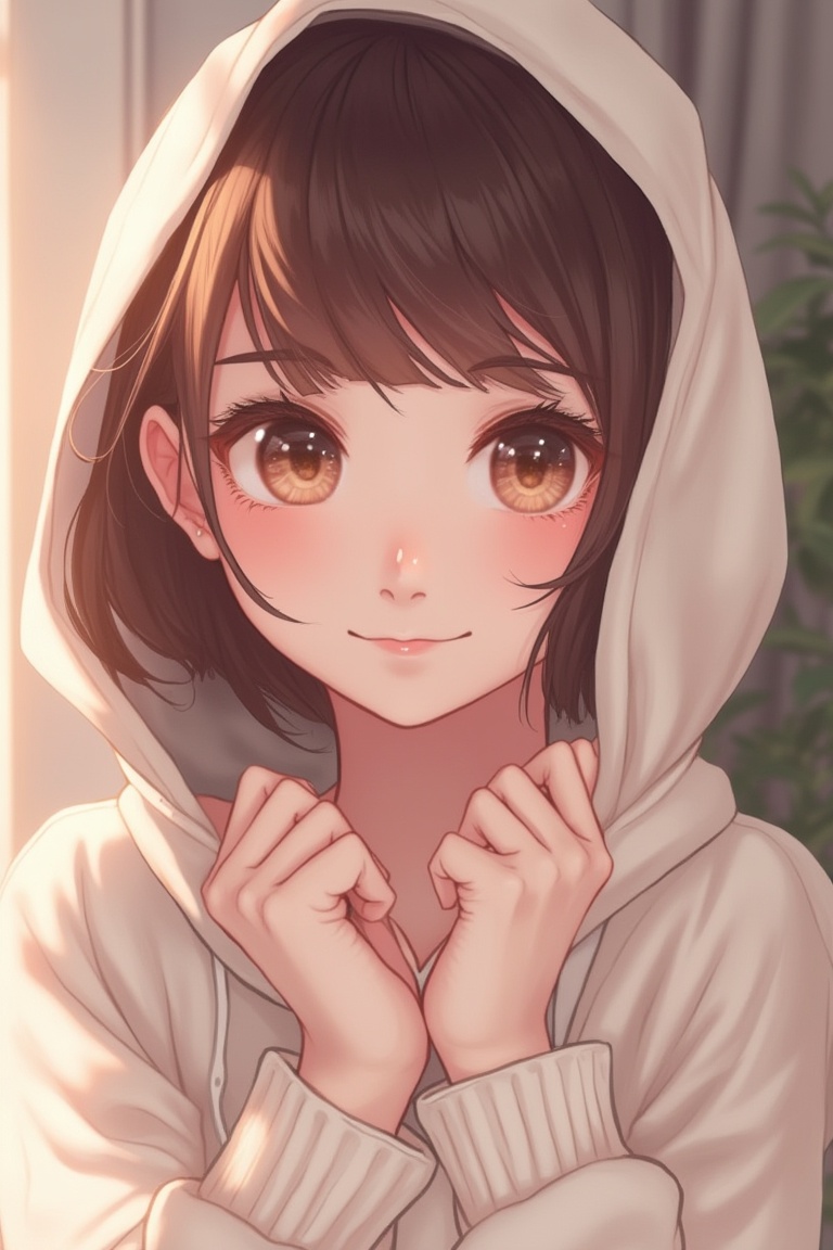 An anime aesthetic style image of a cute girl with a loose hoodie,  smiling warmly. Soft,  pastel colors and gentle lighti...