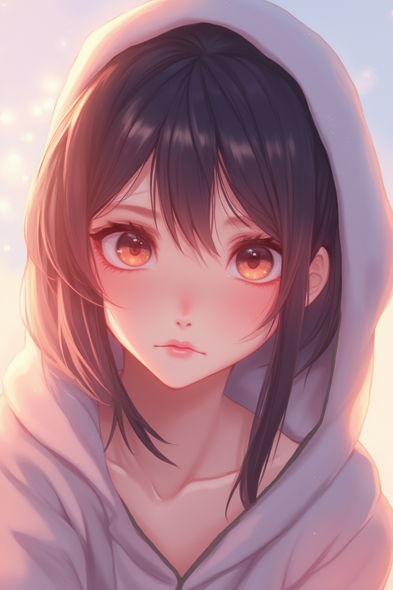 An anime aesthetic style image of a cute girl with a loose hoodie. Soft,  pastel colors and gentle lighting highlight her...