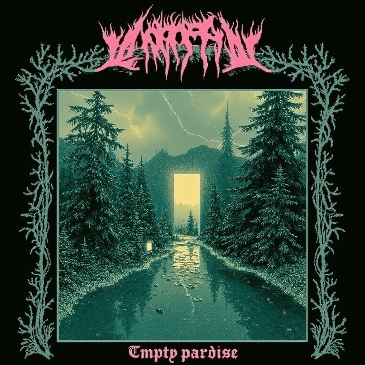 surreal liminal pine forest surrounds a still watery abyss. a doorway that leads into a hallway between this world and the...