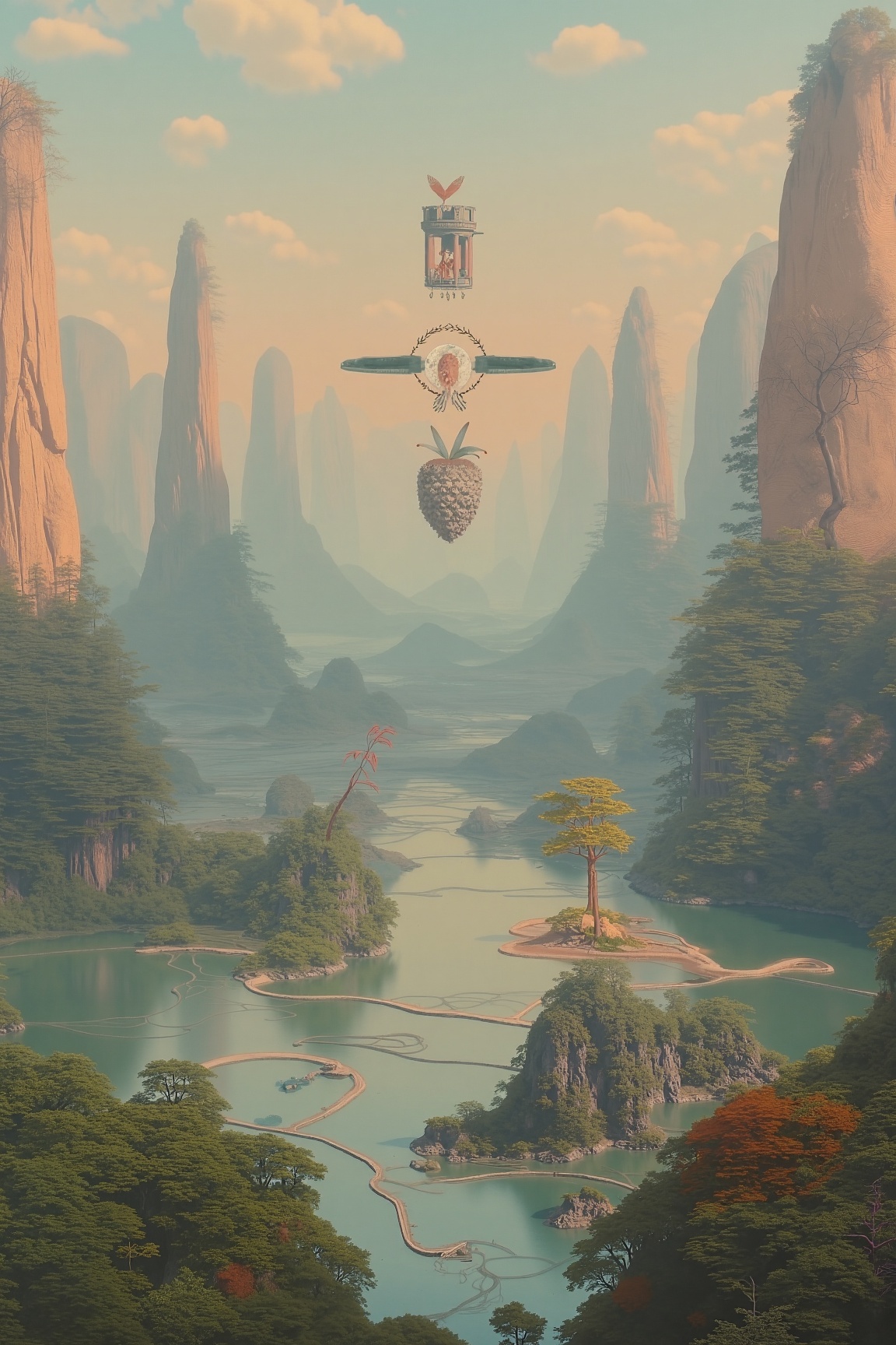 surreal landscape. city of nymphomaniacs. dreamy,  otherworldly. pastel tones. (Esoteric symbols and shapes superimposed t...