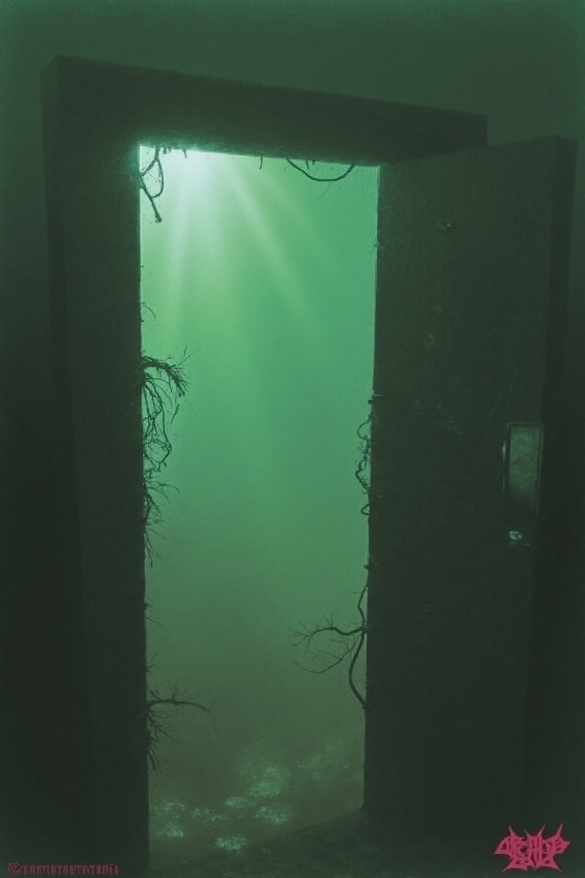 surreal liminal void. dreamy fog. a doorway that leads into a hallway between this world and the next,  looks out of place...