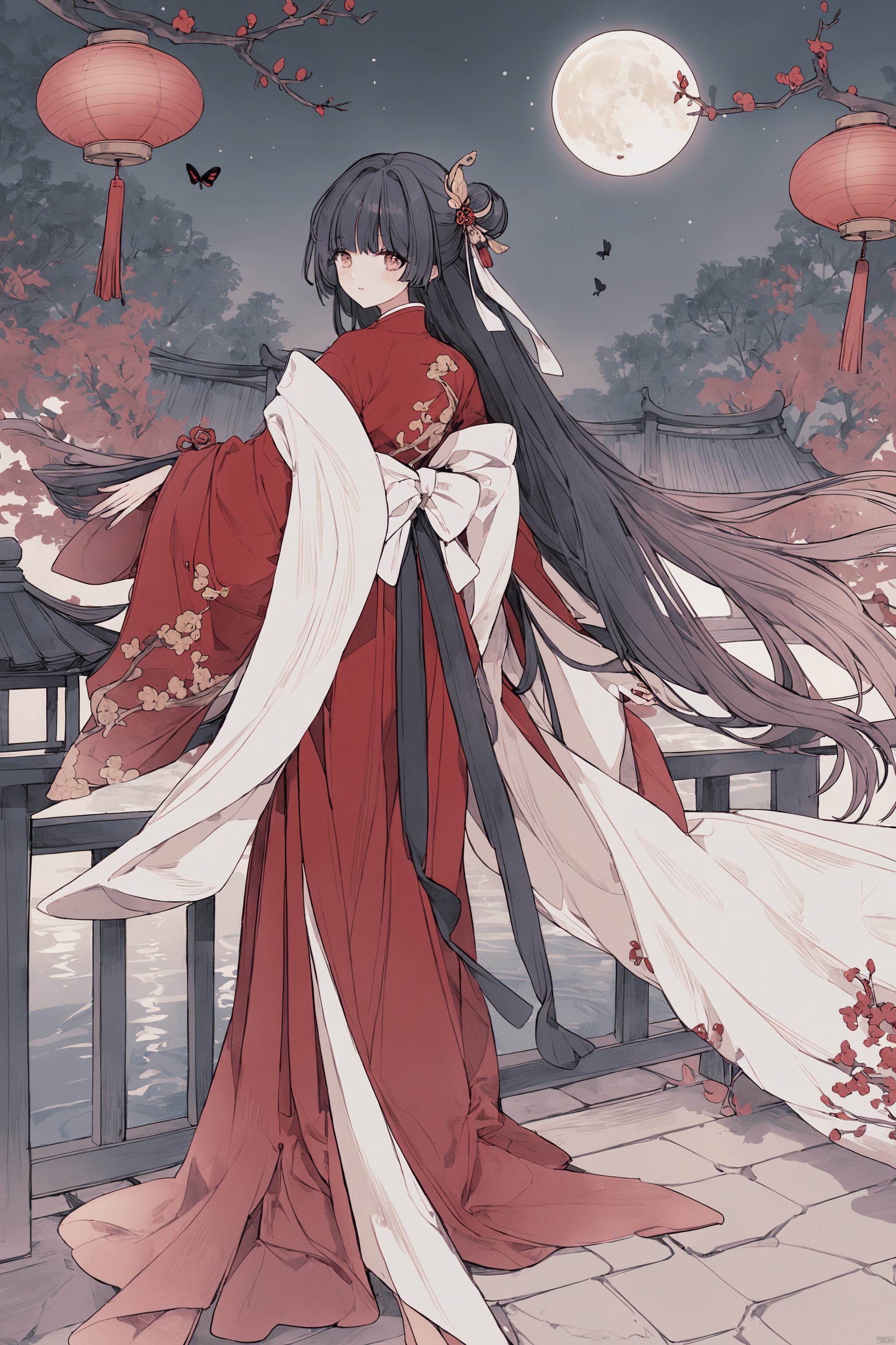  A girl, alone, long hair, looking at the audience, black hair, hair accessories, long sleeves, clothes, hugging, standing, flowers, outdoors, looking back, water, hair bun, from behind, tree, Belt, Chinese clothes, moon, red clothes, insects, butterflies, hands withlanterns,railings,branches,bridges,Hanfu,月上枝头,traditionalchineseinkpainting,荷塘月色,山竹春色,keaiduo,小心思