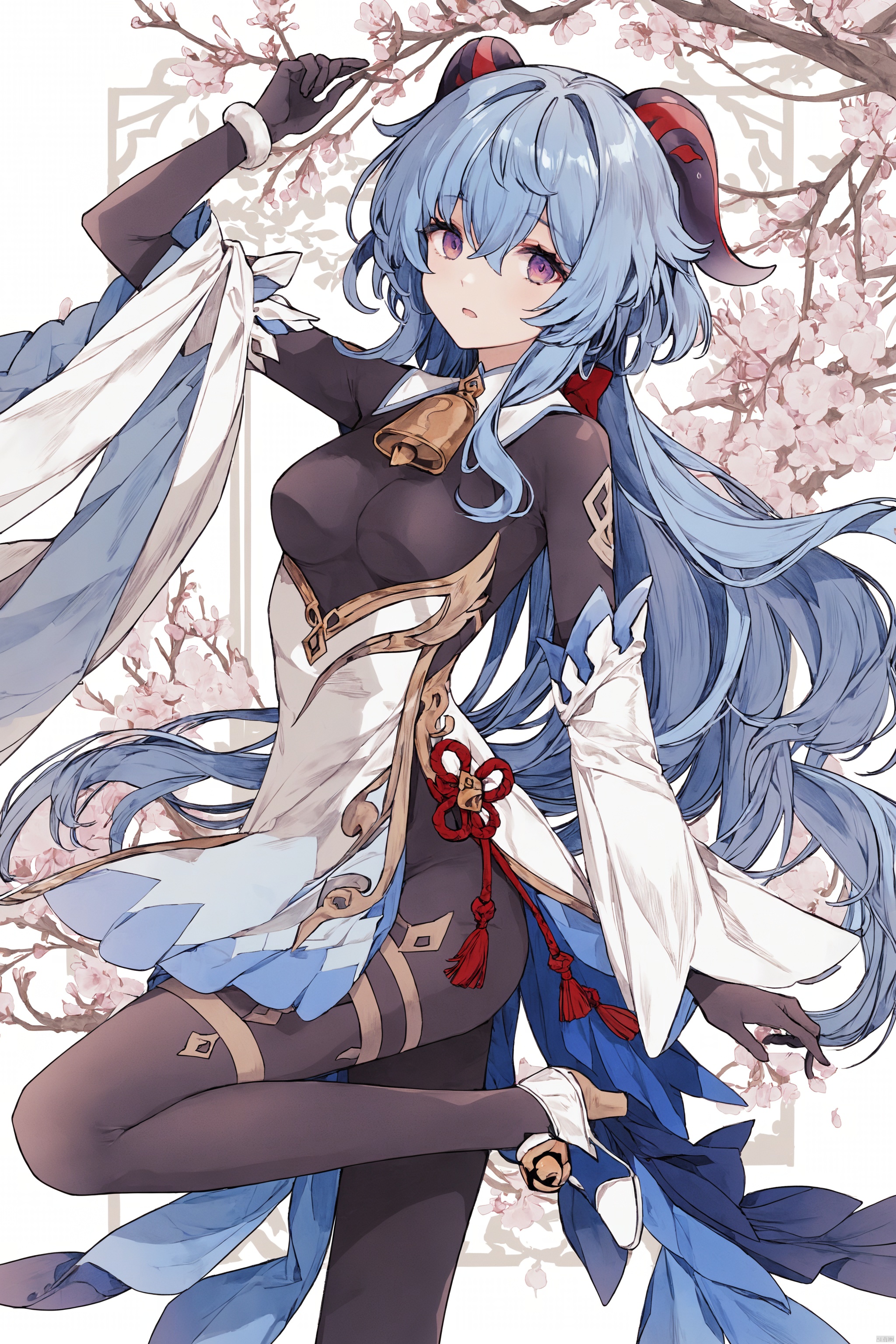 chinese traditional painting,score_9,score_8_up,score_7_up,score_6_up,best quality,1girl,ganyu_\(genshin_impact\),solo,horns,blue_hair,long_hair,neck_bell,purple_eyes,medium_breasts,bodystocking,detached_sleeves,long_sleeves,black_pantyhose