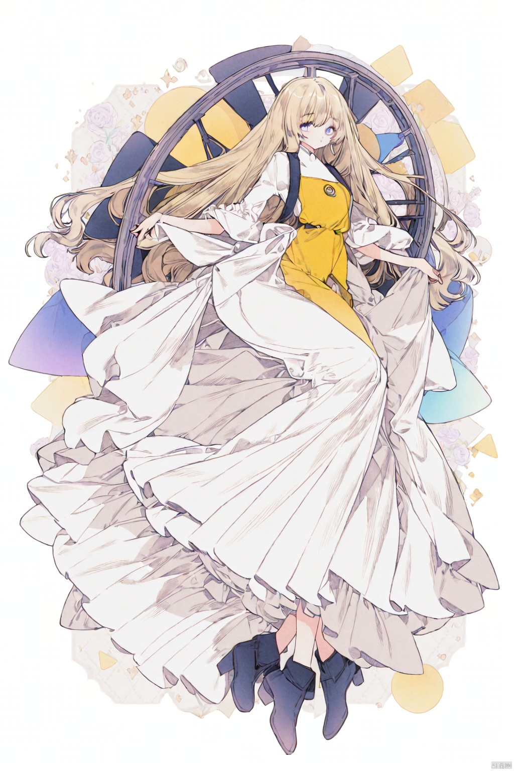 The image is an illustration of a young girl with blonde hair and blue eyes sitting on top of a futuristic-looking object. She is wearing a white dress with a black and white checkered pattern and black boots. The object appears to be a spaceship or a spaceship with a large wheel in the center. The background is filled with various geometric shapes and patterns in shades of yellow, black, and white. The girl is holding onto the wheel with both hands and has a peaceful expression on her face. The overall mood of the image is surreal and dreamlike.
