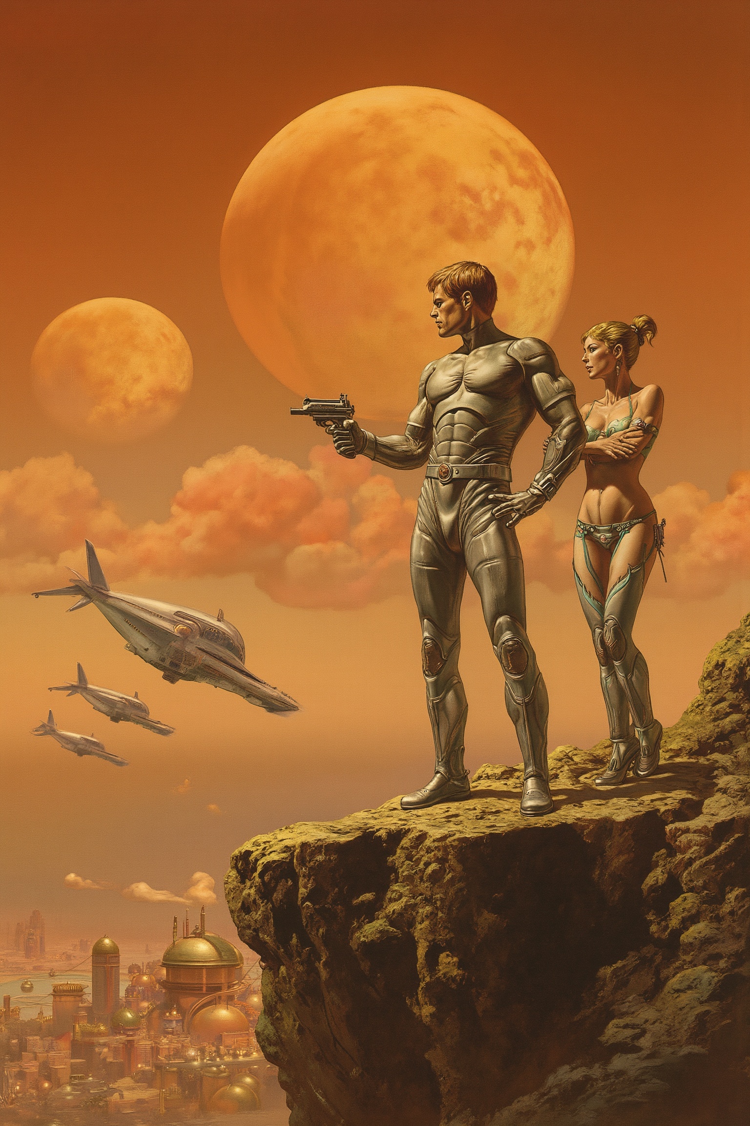 RetroSci style. A rugged,  muscular space commander in a tight silver suit,  holding a laser gun on Tensor.Art