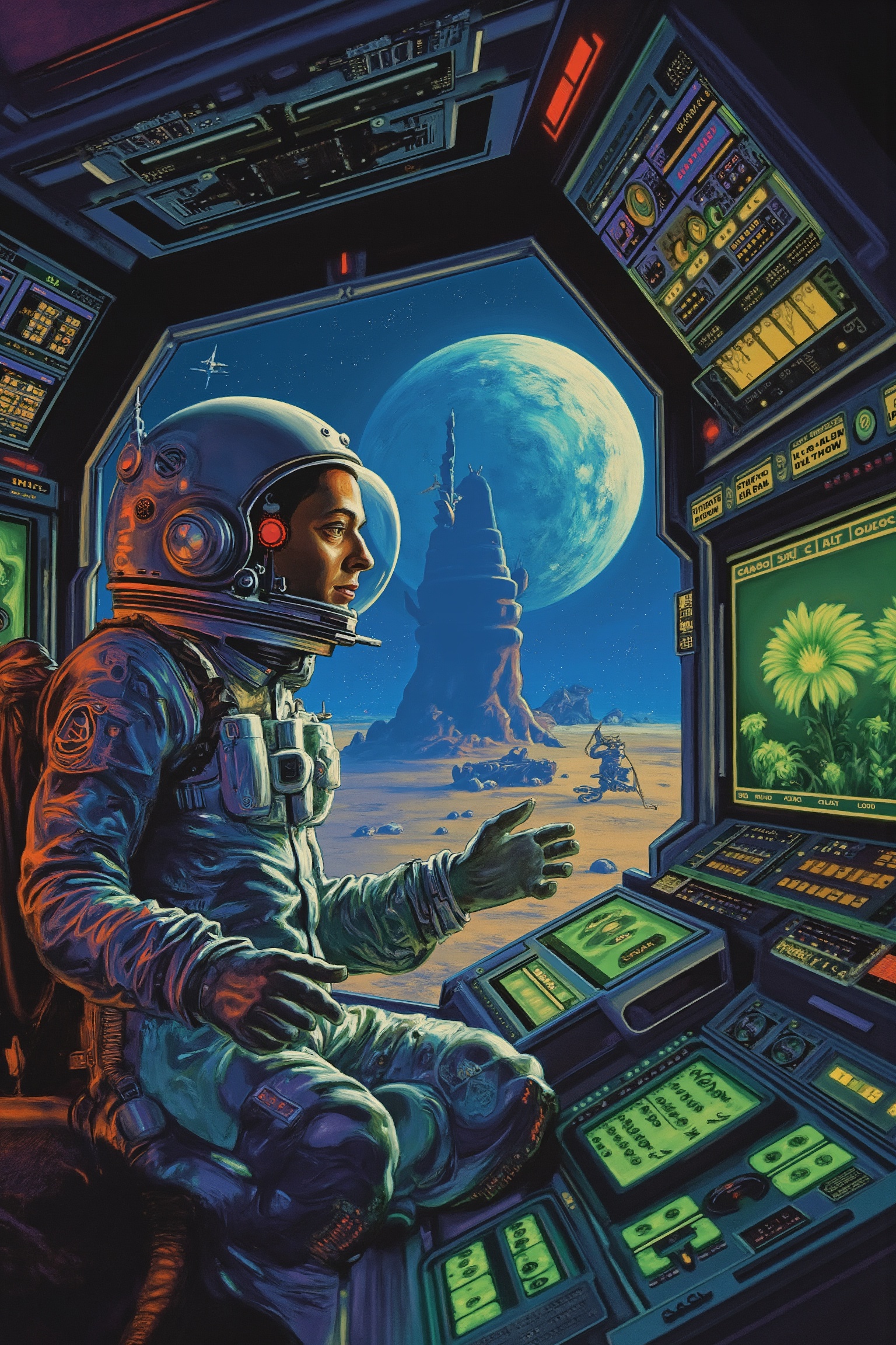 RetroSci style. A fearless space explorer in a metallic spacesuit,  surrounded by futuristic control panels and glowing ne...