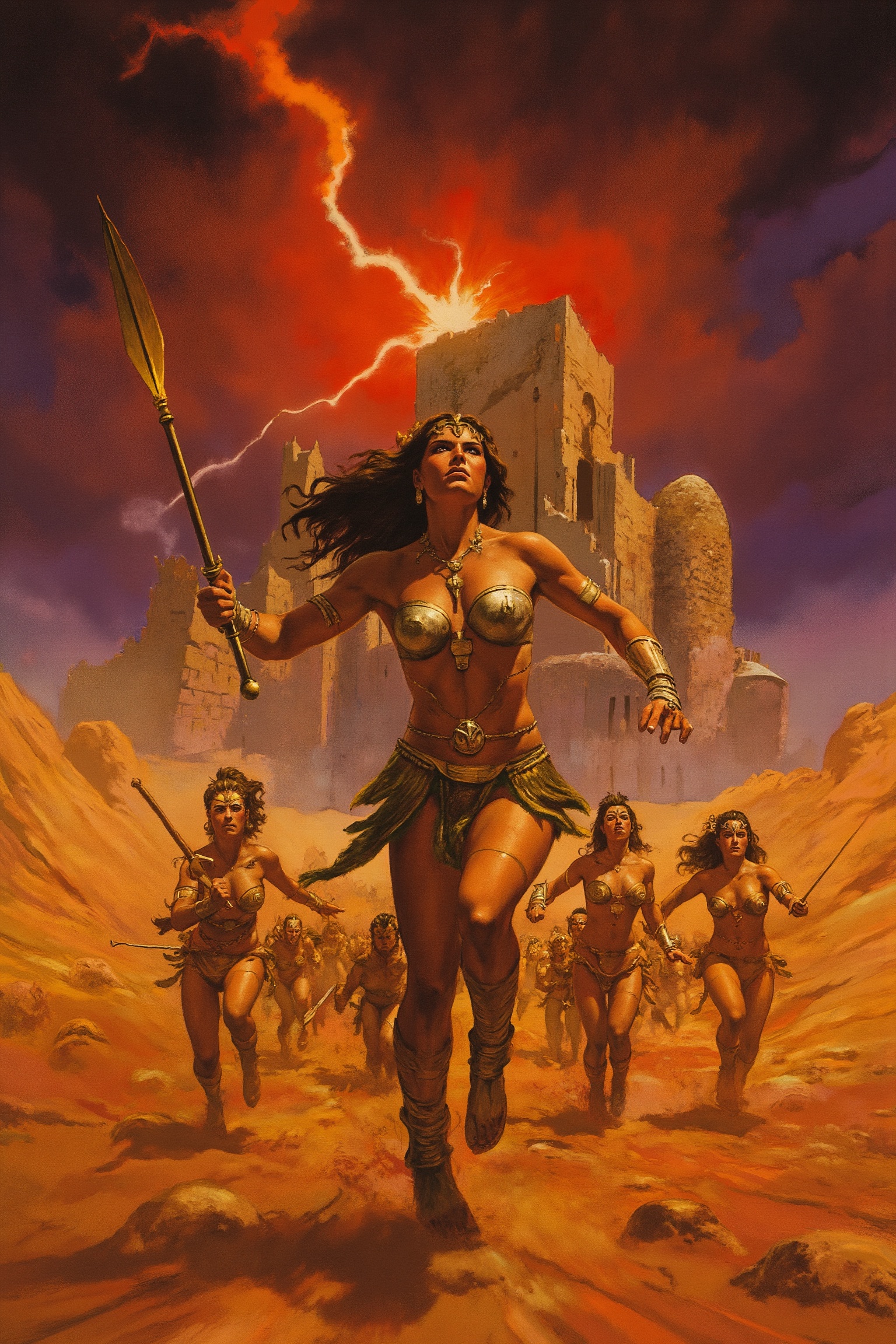 RetroSci style. A towering Amazonian warrior queen,  in a battle stance,  wielding a gleaming golden spear. Her flowing ha...