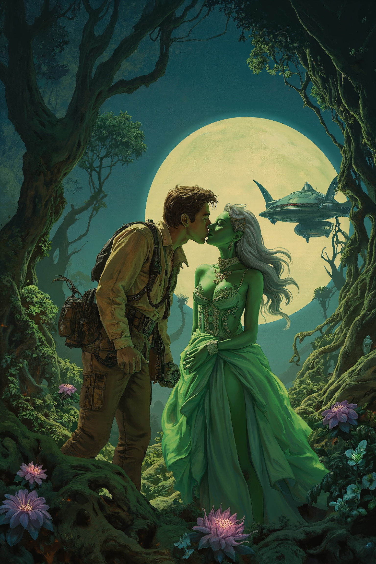 RetroSci style. A dashing space explorer leans in to kiss a beautiful alien princess with green skin and flowing silver ha...