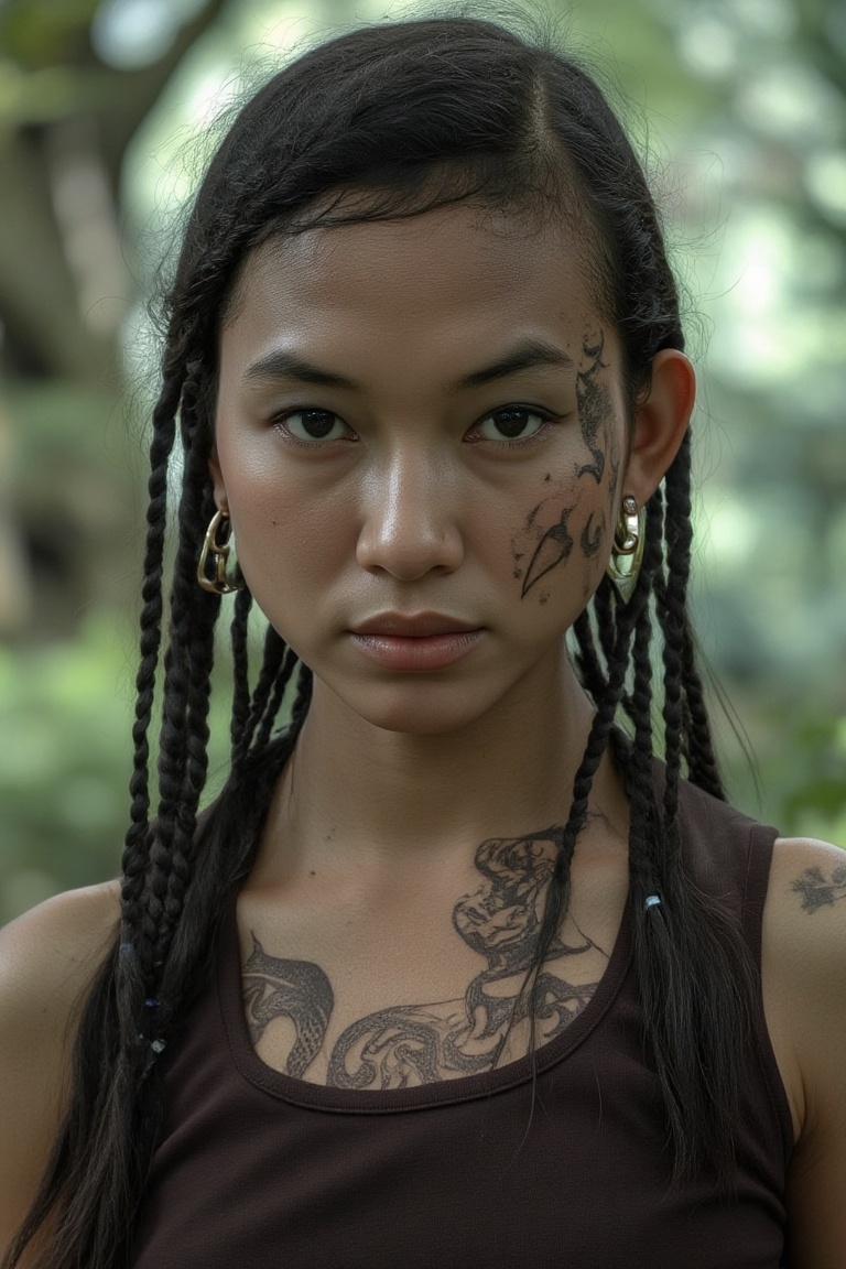 Create a super-realistic portrait in a high-definition film photography style. The subject is a tribal Malay woman with ho...