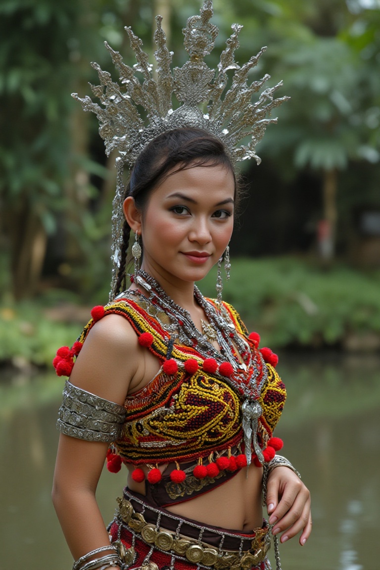 A professional photoshoot depicts a beautiful Malay woman wearing a traditional IbanAttireXmiya from Borneo,  characterize...