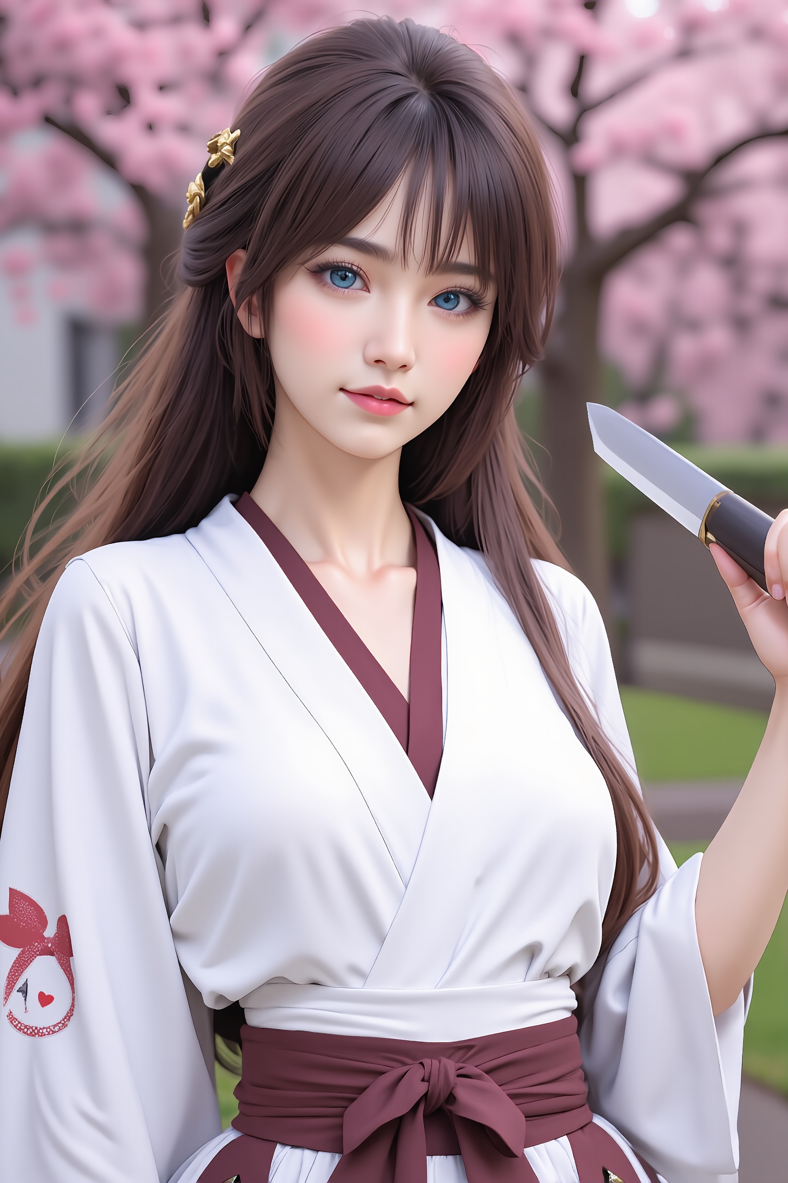 A girl with long dark brown hair,  wearing a white kimono,  adorned with a brown belt and a red bow. She is holding a swor...